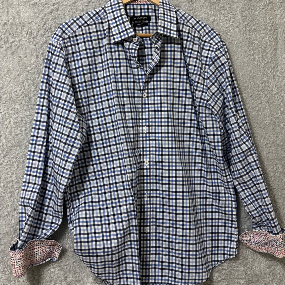 Bugatchi Men's Navy and White Plaid Shirt